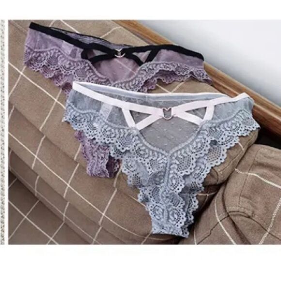 Grey & Pink Lace Sheer Panties Keyhole Open Caged Back MidRise Thong Medium M - Picture 2 of 4